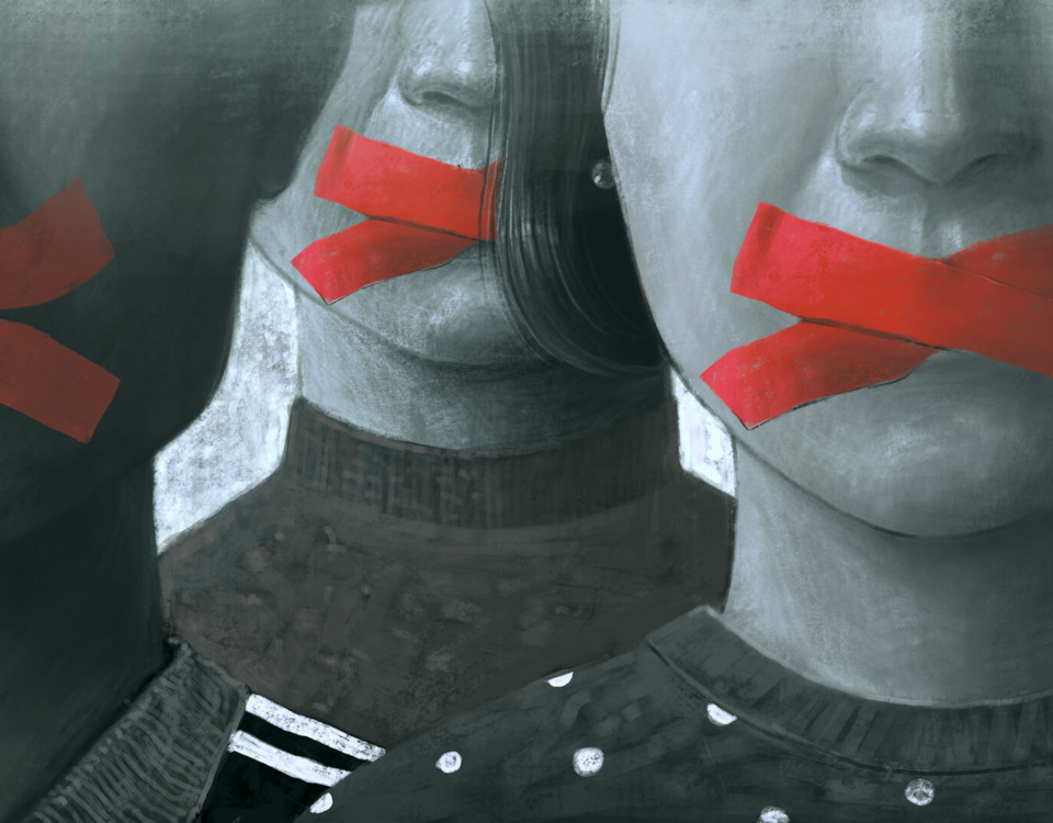 Illustration of three journalists silenced with tape